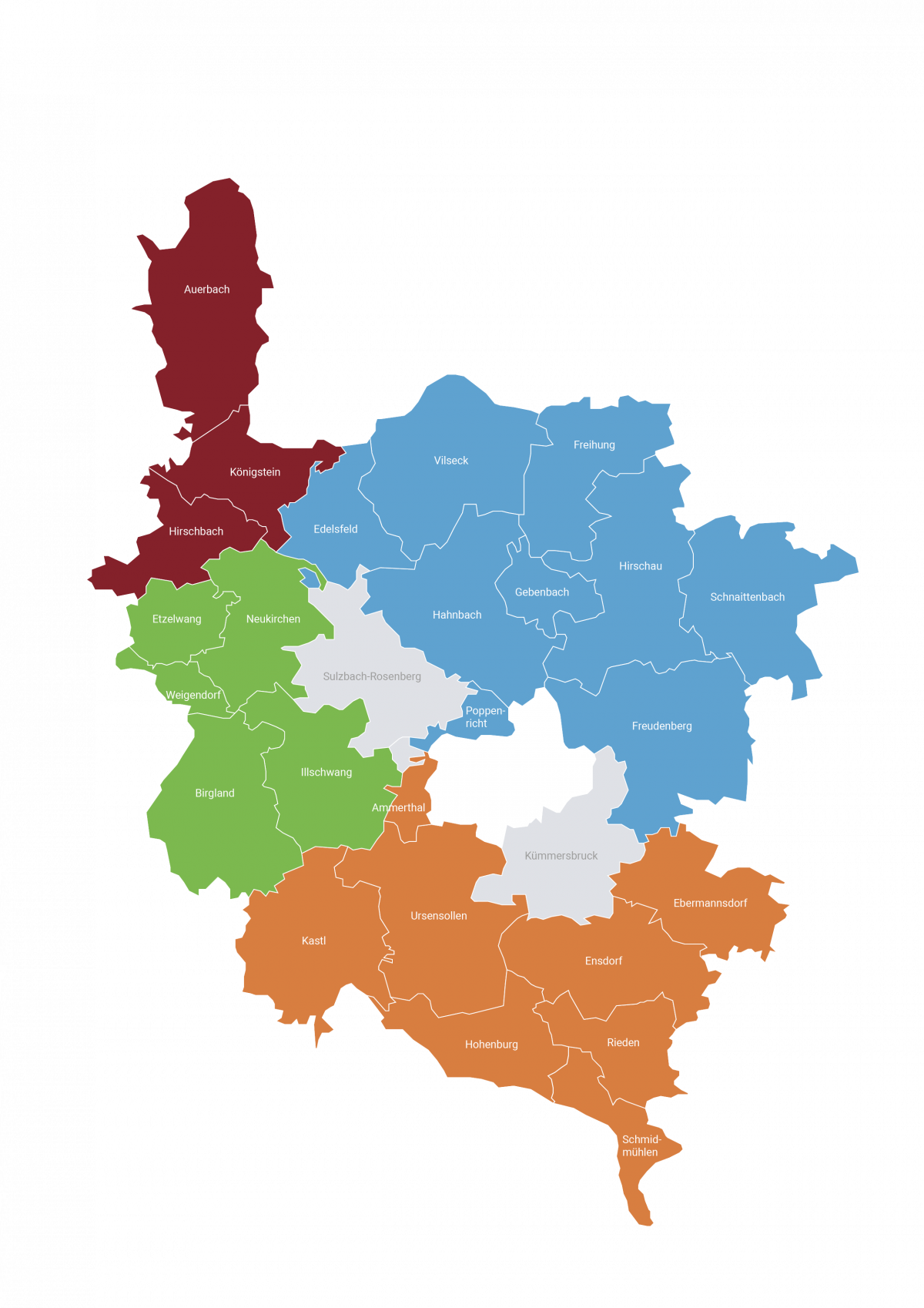Karte der vier ILE-Gemeinschaften des Landkreises Amberg-Sulzbach