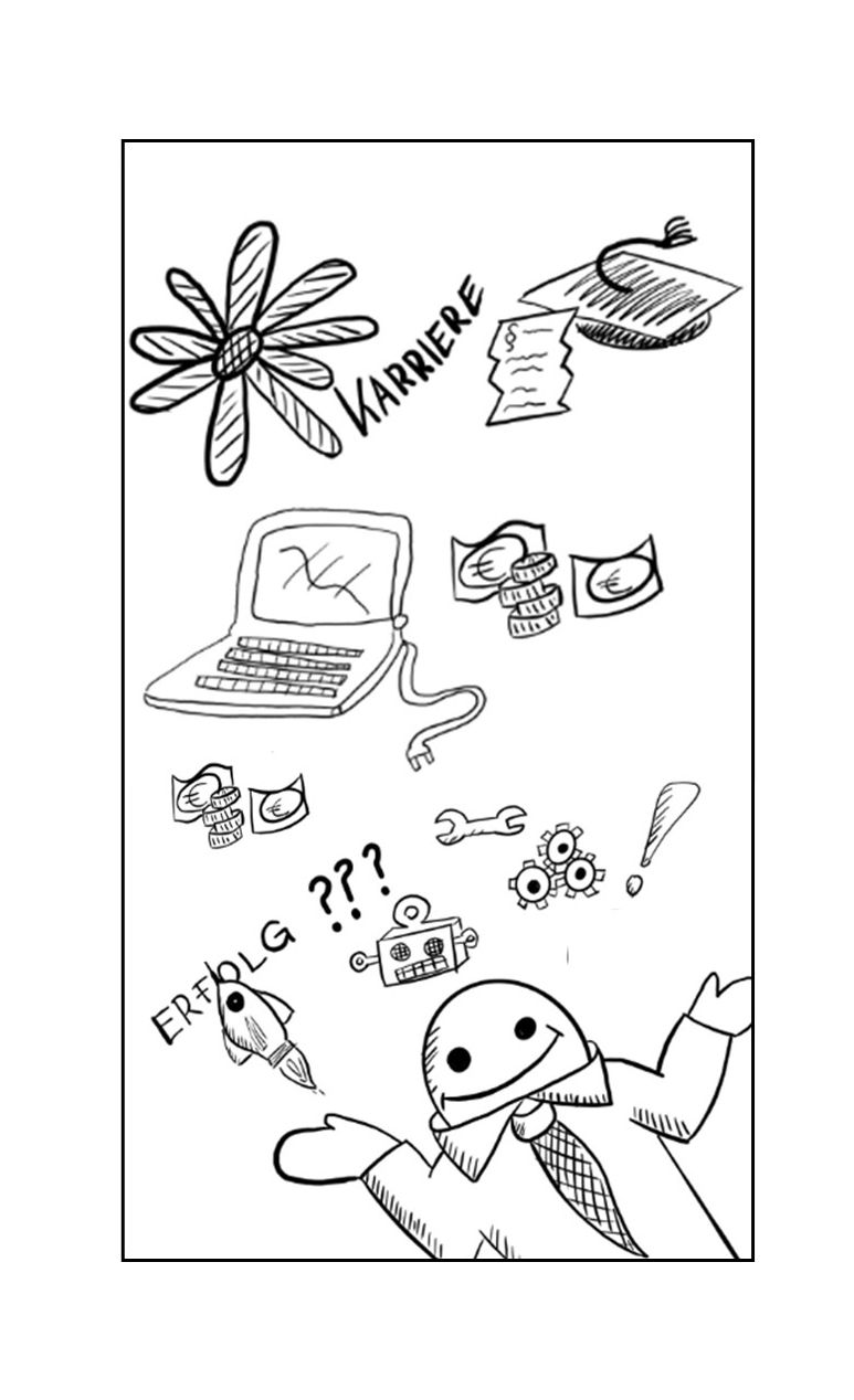 Grafik Eric Hochformat_verschiedene Elemente des Arbeitslebens gezeichnet mit Bleistift z. B. PC, Schlüssel, Rakete, Hut etc.