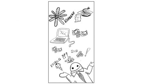 Grafik Eric Hochformat_verschiedene Elemente des Arbeitslebens gezeichnet mit Bleistift z. B. PC, Schlüssel, Rakete, Hut.