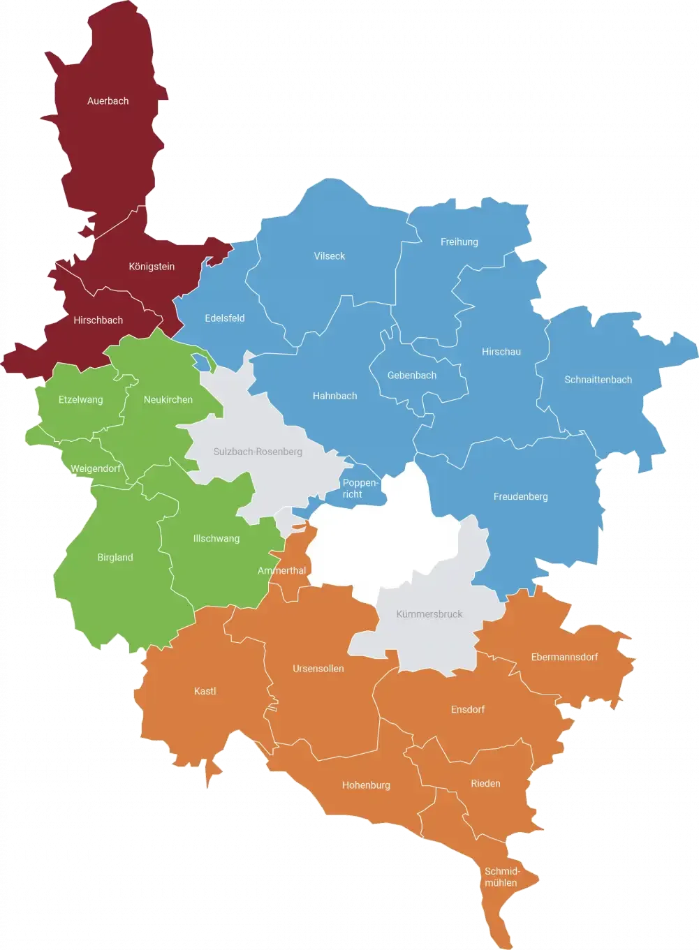 Karte der vier ILE-Gemeinschaften des Landkreises Amberg-Sulzbach